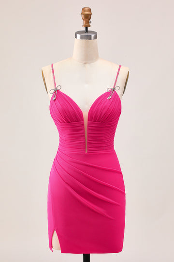Fuchsia Bodycon Ruched Homecoming Dress with Slit